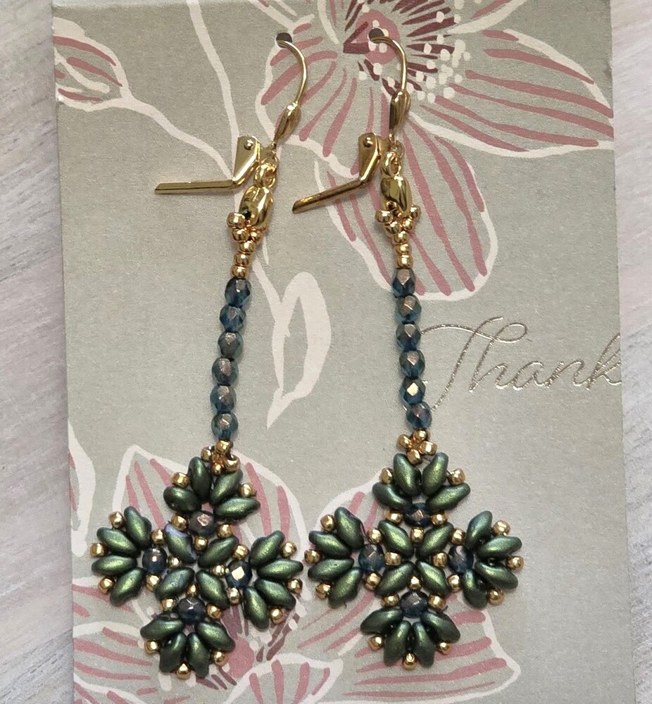 Handcrafted beaded earrings ,dangle 4 leaf clover earrings, beaded earrings